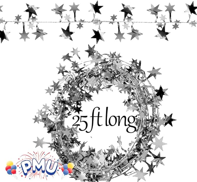 PMU 25 Ft Star Wire Shiny Garland Silver - Halloween, Christmas Party, Wedding, Birthday, Festive Home Decoration Ornament Silver