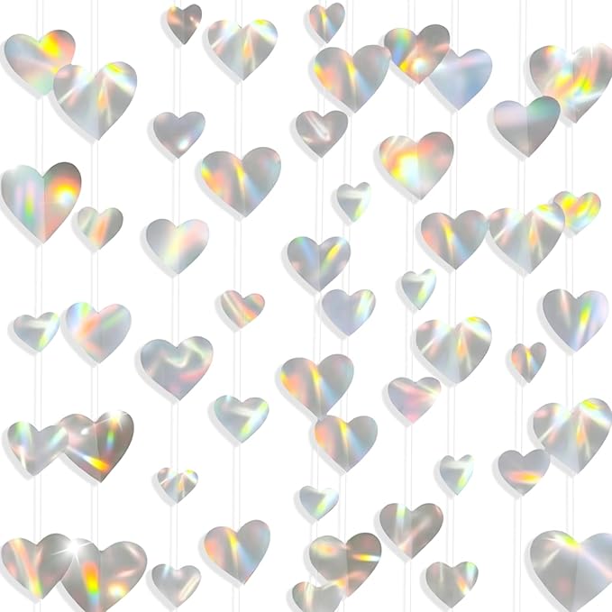 10 Pack 130ft Silver Holographic Heart Party Garland Asymmetrical Love Hanging Banners for Birthday Wedding Bachelorette Baby Bridal Shower Engagement Decorations