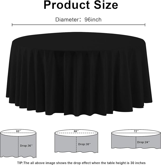 6 Pack Premium Black Plastic Table Cloth -96 Inch Round Tablecloth, Disposable Tablecloth Plastic Table Cover for Parties (6, Black, 96" Round)