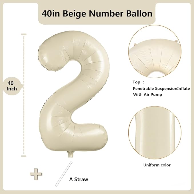 40 inch Cream White Number Balloon Giant Foil Helium Balloons Beige Number 2 Balloon for 2nd Birthday Party Anniversary Decorations Supplies