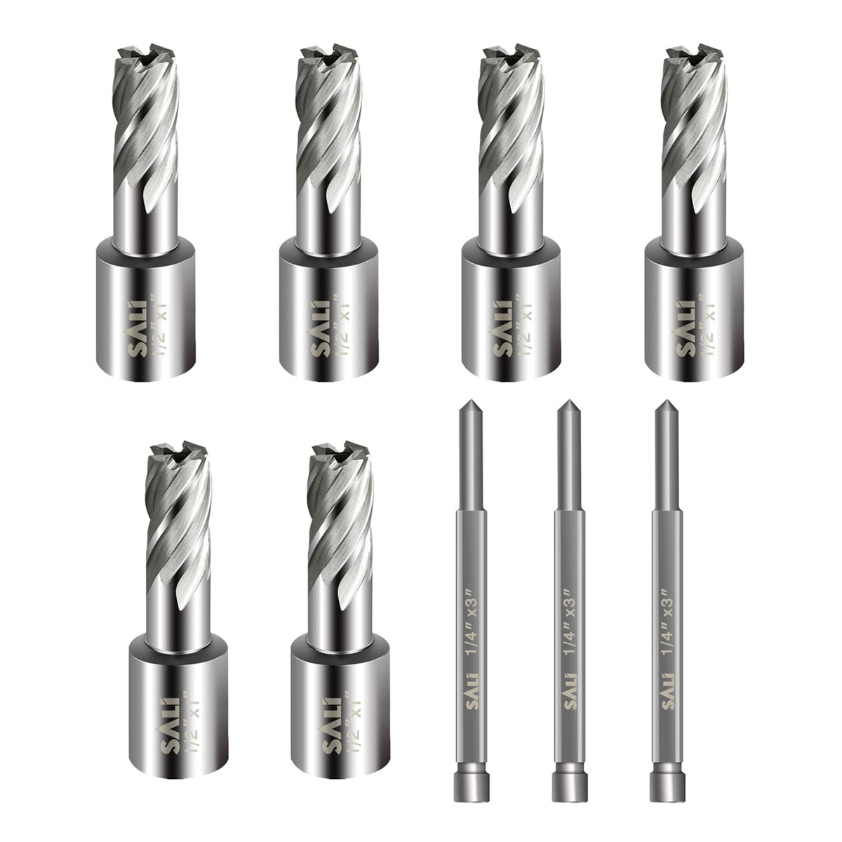 SALI 6 pcs Annular Cutter Diameter 1/2 Inch with Weldon Shank 3/4" (with 2 Flats) Cutting Depth 1" Mag Drill Bit for Magnetic Drill Press HSS Fully Ground Drill with One 1/4"*3" Pilot Pin