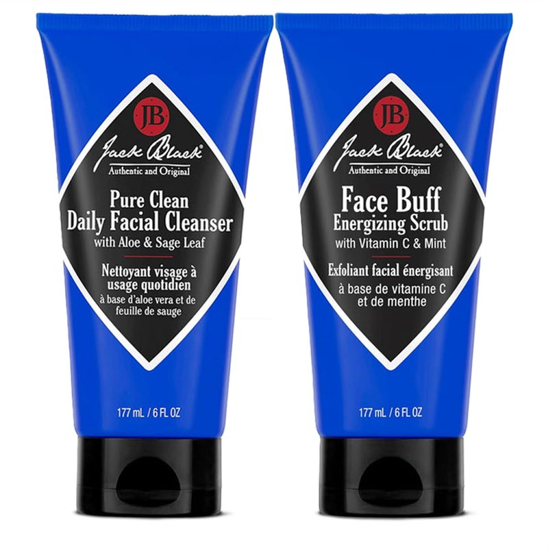 Jack Black Pure Clean Daily Facial Cleanser, 2-in-1 Mens Facial Cleanser & Toner 6 Fl Oz + Jack Black Face Buff Energizing Scrub, 6 Fl Oz - Exfoliating Face Wash for Men
