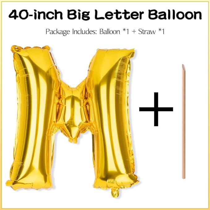 Gold Letter Balloons 40 Inch M Balloon Letters M Alphabet Balloons Giant Letters With Straw Big Balloons Foil Large Gold Balloons For Birthday Party Decorations Wedding Thanksgiving Christmas Balloons