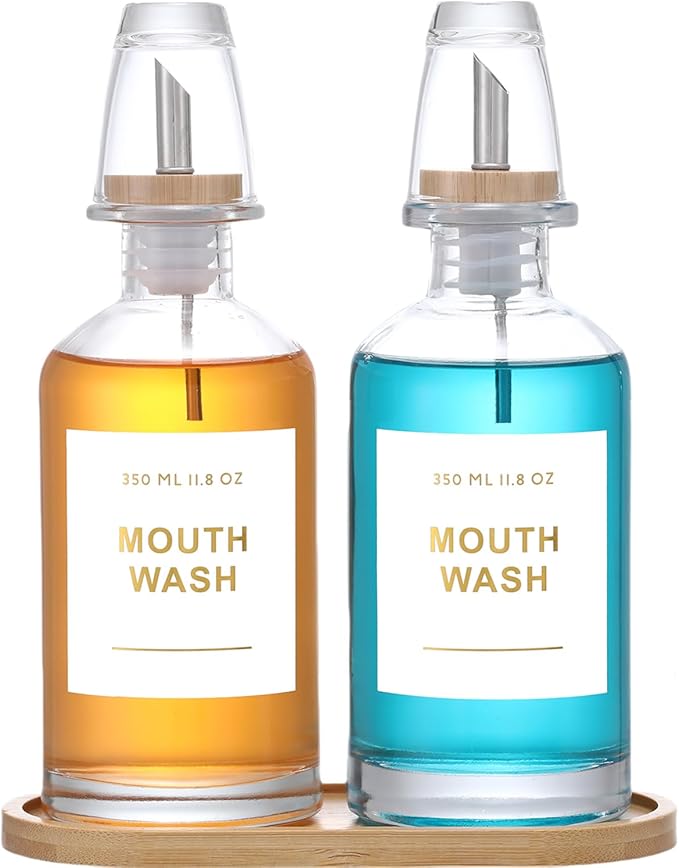 11.8OZ Glass Mouthwash Dispenser for Bathroom with Stainless Steel & Bamboo Nozzle, Mouthwash Cup Reusable, Bamboo Tray, and Elegant Gold Sticker.Set of 2（Clear