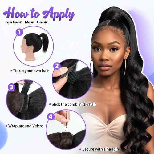 20 Inch Human Hair Ponytail 90g Long Wrap Around Ponytail Natural Black Real Hair Ponytail Extension for Women(20inch,Natural Black)