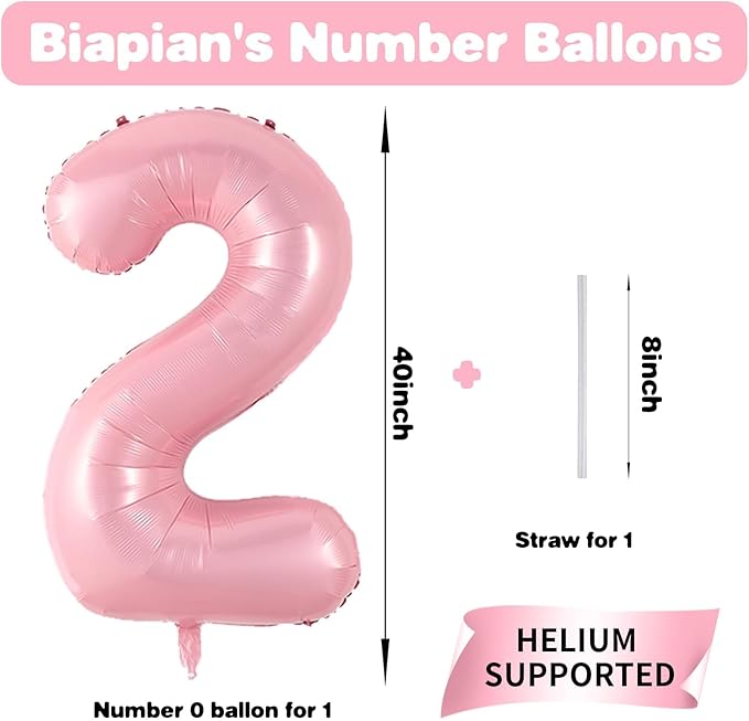 Pastel Pink Number 2 Balloon, 40 Inch Pearl Light Pink Number 2 Balloons for Girls, Foil Digital 2 Balloon Helium, Large Pink 2nd Birthday Balloons for Girls Baby Shower Princess Party Decorations