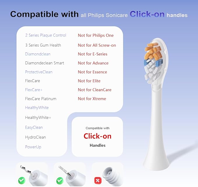 Replacement Toothbrush Heads, Compatible with Philips Sonicare Click-on Handles Replacement Brush Head with All-in-One Cleaning Electric Toothbrush Head, 8 Pack Replacement Heads