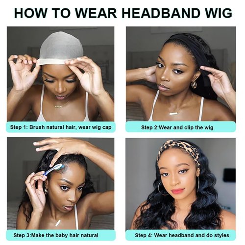 Justres Headband Wig Human Hair Body Wave 20 inch Headband Wigs for Black Women human hair glueless Wear and Go Glueless Wig 100% Brazilian Virgin Human Hair Head band wig 150% Density
