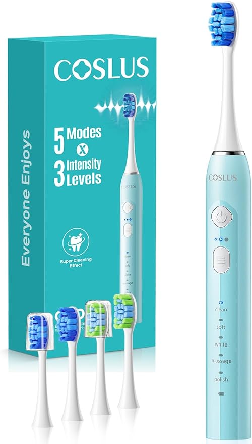 COSLUS Sonic Electric Toothbrush for Adults & Kids: 3 Intensities & 5 Modes Gum-Friendly for Deep Cleaning & Whitening - 2 Types of Heads for Family, Sensitive Teeth, Braces, Travel Home, Green, 1PC