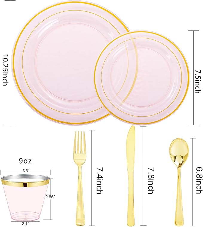 WELLIFE 210Pcs Clear-Pink Plastic Dinnerware- Pink and Gold Plastic Dinnerware include 30 Dinner Plates, 30 Dessert Plates, 90 Gold Silverware, 30 Cups and 30 Napkins Perfect for Parties