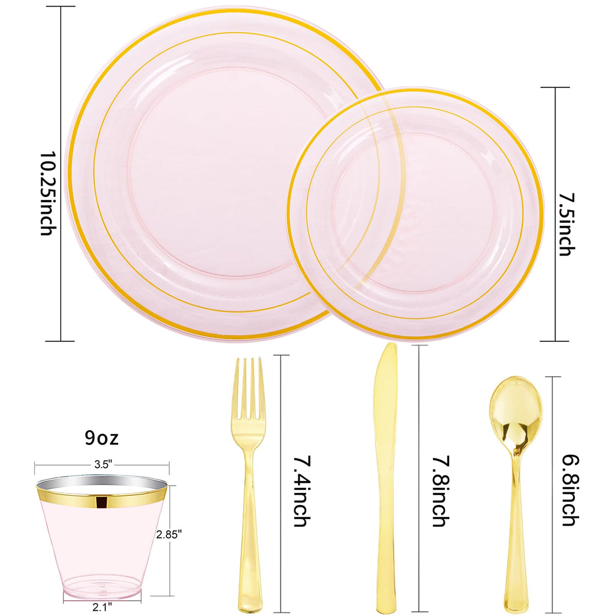 WELLIFE 210Pcs Clear-Pink Plastic Dinnerware- Pink and Gold Plastic Dinnerware include 30 Dinner Plates, 30 Dessert Plates, 90 Gold Silverware, 30 Cups and 30 Napkins Perfect for Parties
