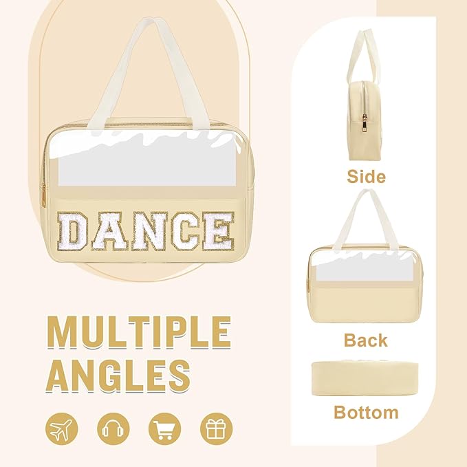 Dance Bag for Girls Chenille Letter Clear Makeup DANCE Stuff Bag,Toddler Dance Recital Gifts Ballet Cosmetic Zipper Pouch with Handle,Dance Competition Accessories Toiletry Storage Bag(DANCE-Beige)