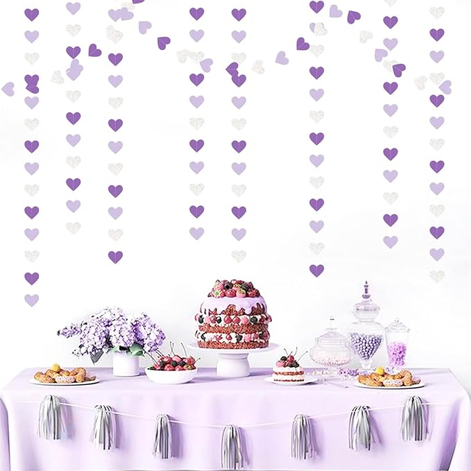 Purple Silver Birthday Party-Decorations Streamers - 52FT Graduation Hanging Heart Garland Banner,Valentines Baby Bridal Shower Engagement Wedding Anniversary Bachelorette Backdrop Decor Hugtmr