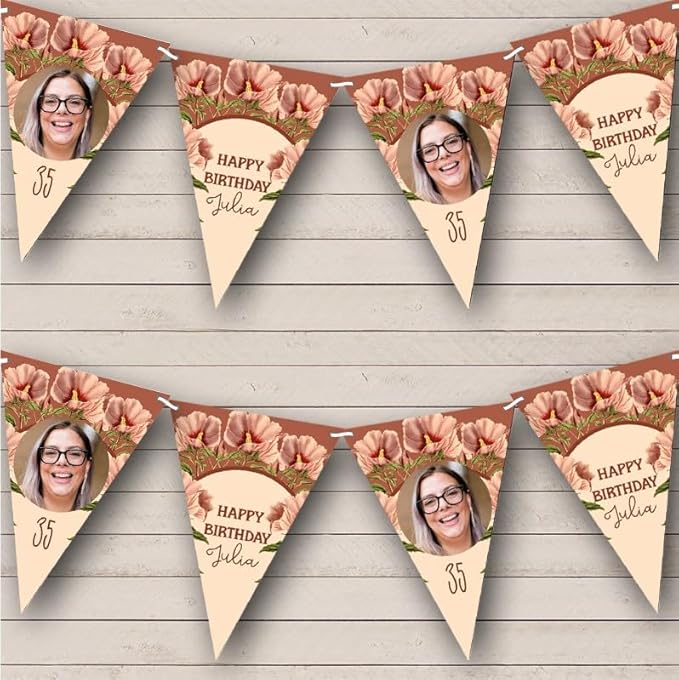 Vintage Dusky Florals Pink Photo Personalized Birthday Party Bunting - Hanging Party Decoration - Birthday Party Banner Garland | Decorative Party Supplies