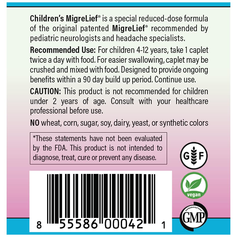 Children's MigreLief® - Triple Therapy with Puracol™ - Nutritional Support for Pediatric Migraine Sufferers - 60 Caplets/1 Month Supply