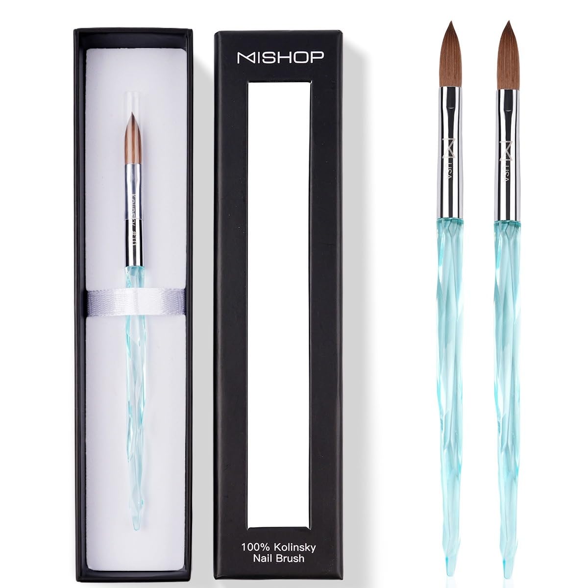 M ProK 100% Kolinsky Acrylic Nail Brush – Professional Nail Brush for Acrylic Application with Crystal Blue Handle – Handcrafted Salon Quality Tool (Size #8)