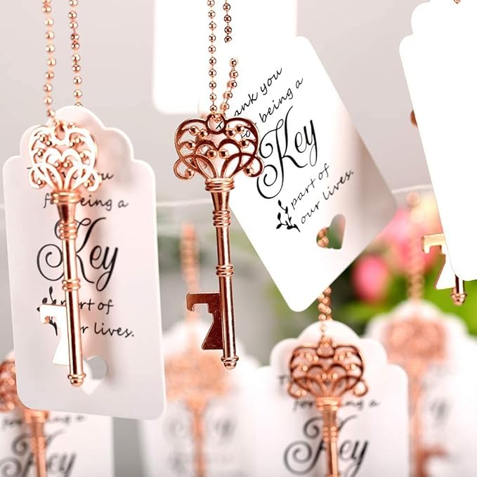 WODEGIFT 100 PCS Wedding Favors Bottle Opener,Vintage Skeleton Key Bottle Opener,Key Bottle Openers with Escort Tag Cards and Key Chains Wedding Gifts for Guest（Rose Gold）