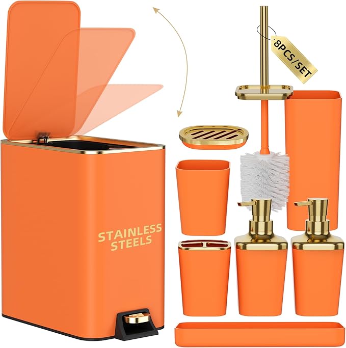 Bathroom Accessories 8 Piece Orange and Gold Bathroom Set, Bath Accessories with Stainless Steel Trash Can,Toilet Brush,Toothbrush Set,Soap Dispenser