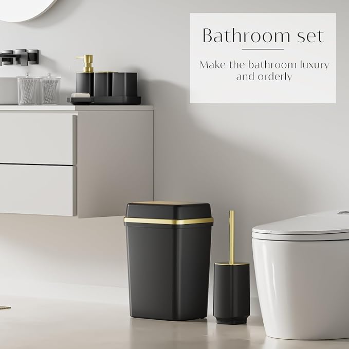 9PCS Bathroom Accessory Set, Black Bathroom Set with Large-Capacity 4 Gallon Trash Can, Bathroom Accessories Set Complete, Toothbrush Holder, Soap Dispenser, Toilet Brush, Bathroom Decor
