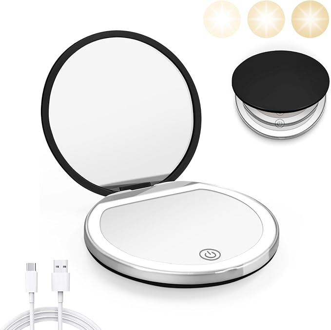 Compact Mirror with Light, 1X/3X Magnification LED Pocket Mirror with USB Data Cable,Mini Mirror for Purse, Pocket,Travel and Present (Black)