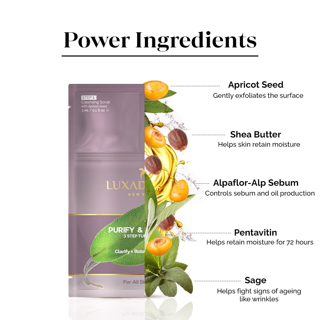 LuxaDerme Purify & Protect 3 Step Tune-Up Kit - Cleansing Scrub, Bio Cellulose Sheet Mask, Booster Cream (Pack of 5)