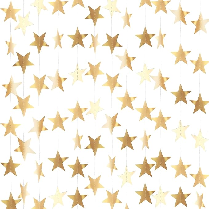 Gold Star Garland Banner Decorations - 156 Feet Bright Gold Paper Garland Hanging Decorations, Glitter Star Bunting Banner for Wedding, Birthday, Holiday, Christmas Party