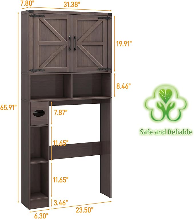 Vabches Over The Toilet Storage Cabinet, Farmhouse Storage Cabinet Over Toilet with Barn Doors & Toilet Paper Holder Stand，Home Space-Saving Toilet Rack, for Laundry, Bathroom, Restroom(Espresso).