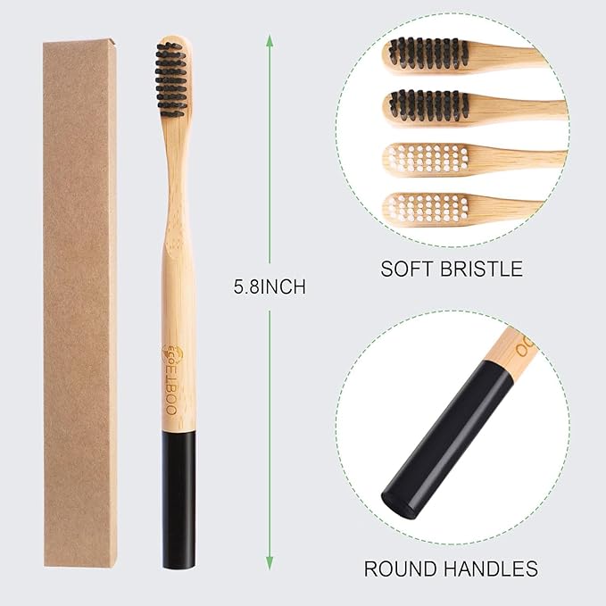 Bamboo Toothbrushes Hard Bristles for Adults 20 Pack, Wooden Toothbrush Family Set Natural Organic Tooth Brush (Black White 20p)
