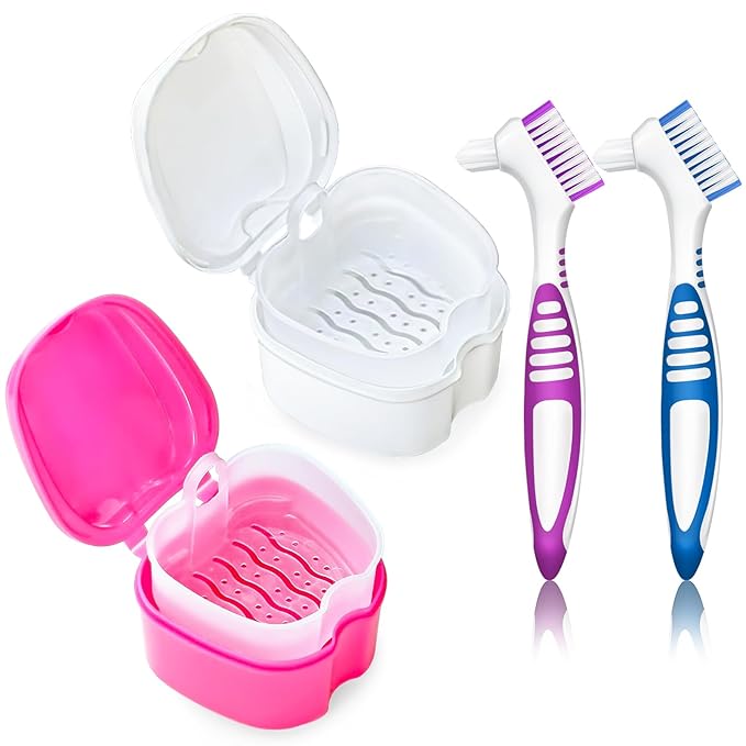 Denture Cup Retainer Cleaning Case False Teeth Soaking Container with 2 Brushes, Dental Retainer Cup Holder Case Denture Soaking Storage Box Case - White & Rose Red