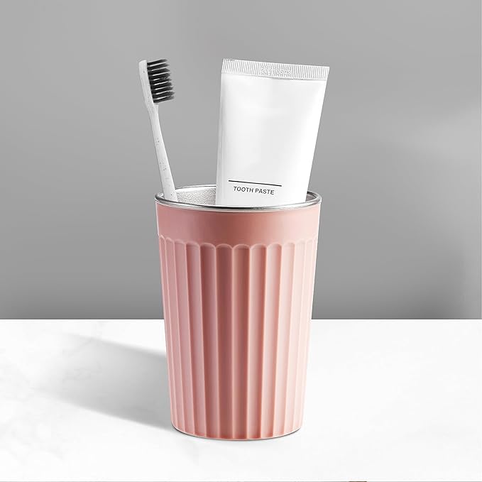 Toothbrush Holder for Bathroom-12oz Unbreakable Stainless Steel Bathroom Cup,Easy to Clean Toothbrush Cup, Reusable Bathroom Tumbler Cups for Home/School/Office(3" x 4.5") (Pink)