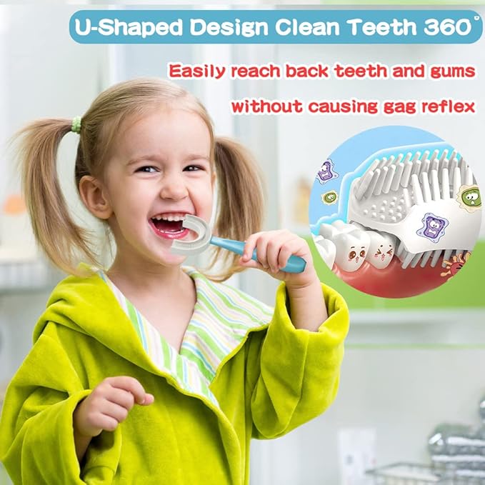 YOTEE U-Shaped Toothbrush Kids 2 PCS - Toddler Toothbrush with Food Grade Soft Silicone Brush Head, Manual Whole Mouth Tooth Brush for Kids Age 6-12(Purple+Yellow)