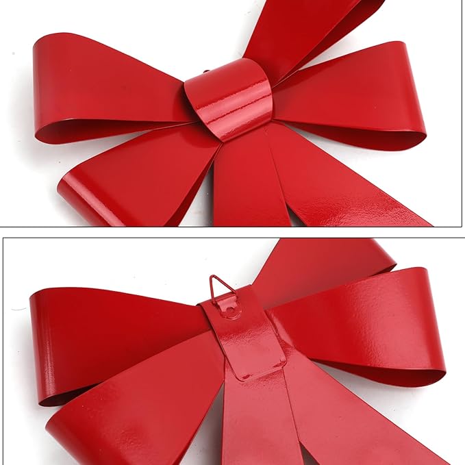 SIQITECHNO Metal Christmas Red Bow Wall Decoration Hanging Xmas Red Bow for Wreath Christmas Tree Topper Ornaments Outdoor Indoor Christmas Decorations for Party Front Door Porch Home