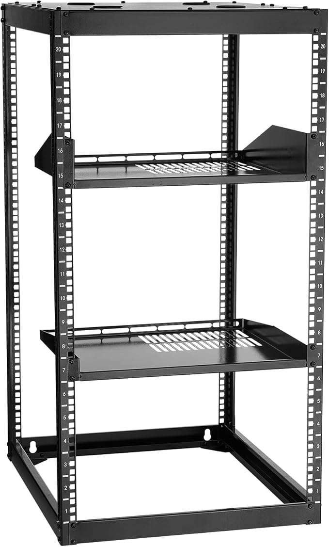 VEVOR 20U Server Rack, Open Frame Network Rack,4-Post Floor Standing or Wall Mounted, Includes 2PCS Vented 1U Rack Shelves & Mounting Hardware, Computer Wall Rack for 19" IT/AV Equipment