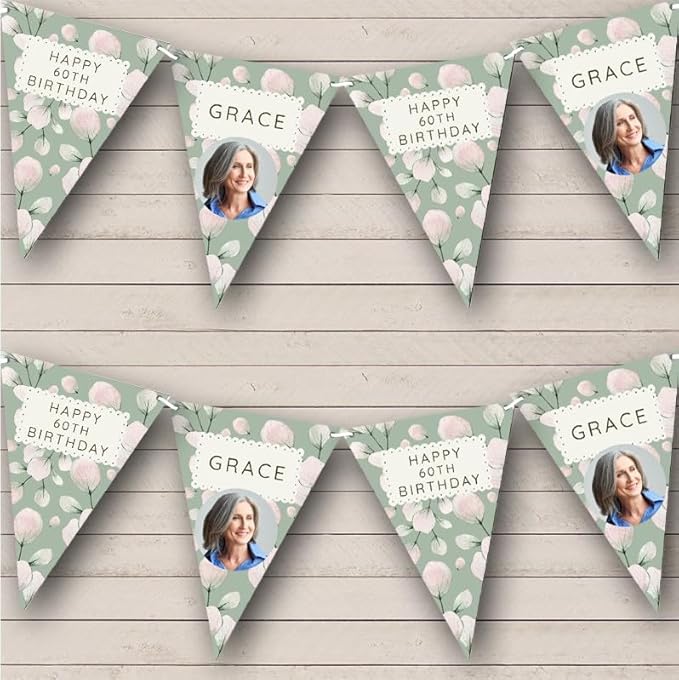 Vintage Style Happy Sage Pink Flowers Photo Personalized Birthday Party Bunting - Hanging Party Decoration - Birthday Party Banner Garland | Decorative Party Supplies