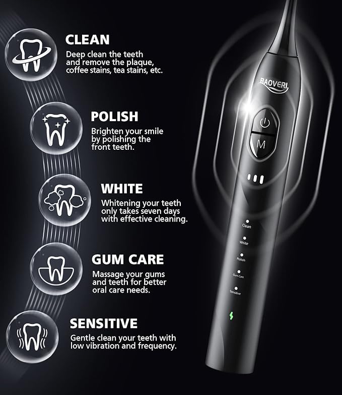 BAOVERI Electric Toothbrush for Adults&Kids, 42000 VPM Rechargeable Sonic Toothbrush with 8 Brush Heads, 5 Modes & 3 Intensity Levels, IPX7 Waterproof, 2-Min Smart Timer, 4 H Fast Charge for 60 Days