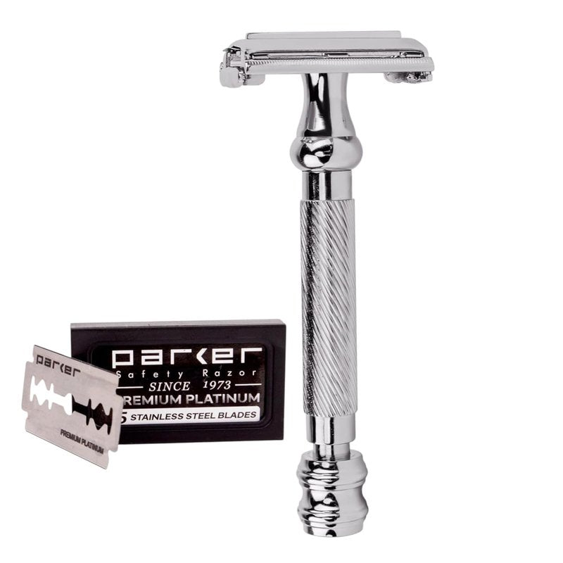 Parker 99R Chrome Long Handle Heavyweight Butterfly Open Double Edge Safety Razor for Men | 5 Parker Premium Platinum Double Edge Razor Blades Included | Iconic Brand