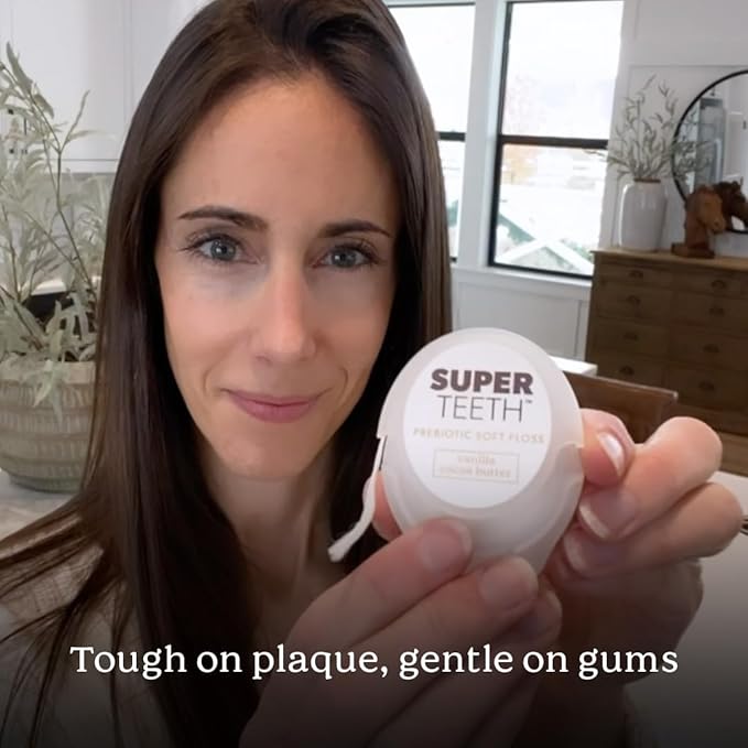 SuperTeeth Prebiotic Soft Floss with Hydroxyapatite | Expanding Dental Floss | for Adults and Kids | Oral Health | Plaque Removal | Xylitol | Vanilla Cocoa Butter | Teflon-Free