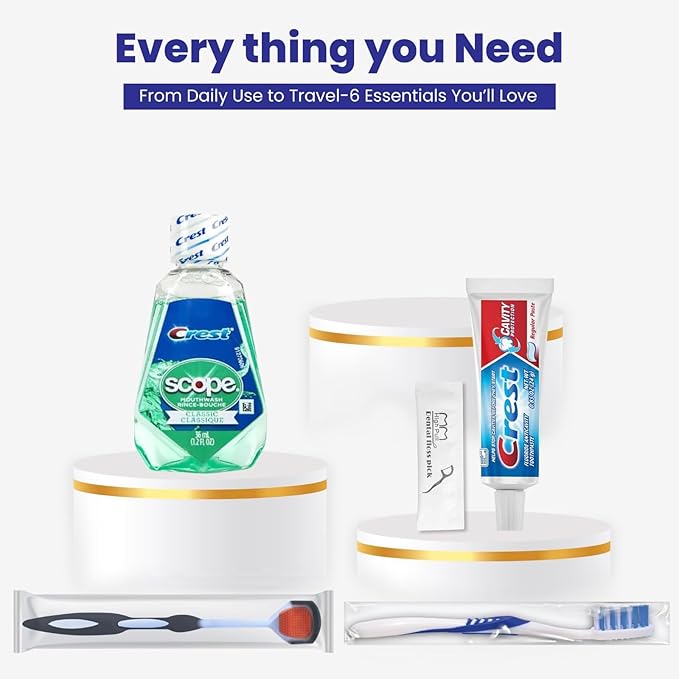 Trektote Bulk Toothpaste and Toothbrush Set- (50 Pack) 6 Piece Dental Care Kit, TSA Compliant, Includes Toothpaste, Toothbrush, Mouthwash, Flosses and Premium Toiletry Bag
