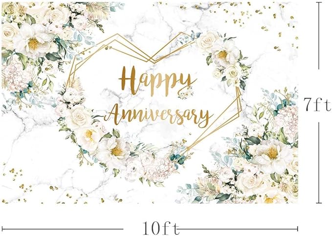 MEHOFOND 10x7ft Happy Anniversary Backdrop White Floral Wedding Anniversary Photography Background Hearts Geometric Couple Wedding Bridal Shower Women Birthday Party Cake Smash Decor Studio Photo Prop