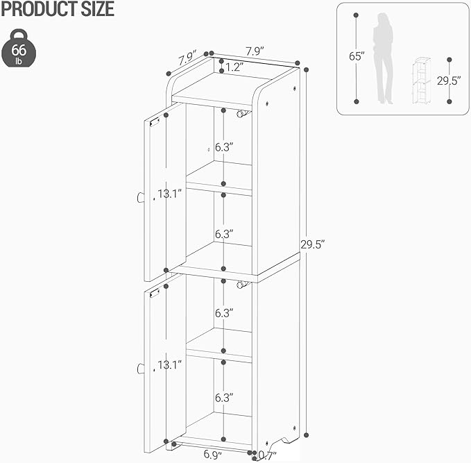 Bathroom Storage Cabinet, Corner Floor Cabinet with 2 Doors and Adjustable Shelf, Narrow Toilet Paper Cabinets, Bathroom Organizer for Small Spaces, 7.9" D x 7.9" W x 29.5" H Rustic Brown