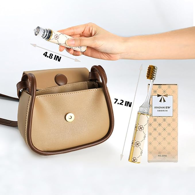 CMHX Foldable Travel Toothbrush Set,Compact Head,Mini Toothbrush with Toothbrush Case,Soft Bristled Travel Toothbrushes for Adults (Leather Handle Apricot 1 Set)