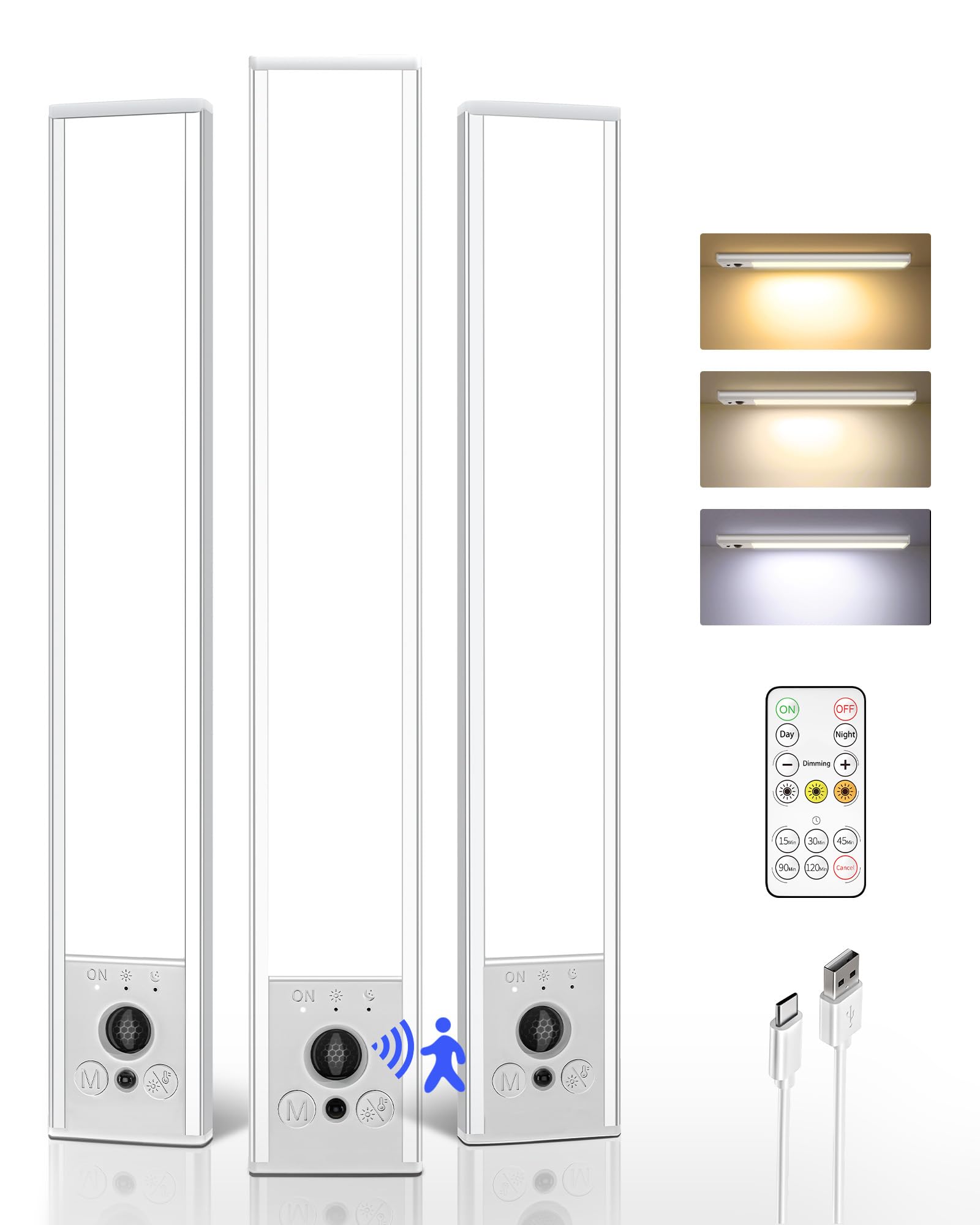 EZVALO 3-Pack 10inch Under Cabinet Lighting with Remote, 2400mAh Rechargeable Motion Sensor Lights, Magnetic Dimmable Closet Light, Timer, 3 Color Temps Wireless Lights for Kitchen, Pantry, Stair