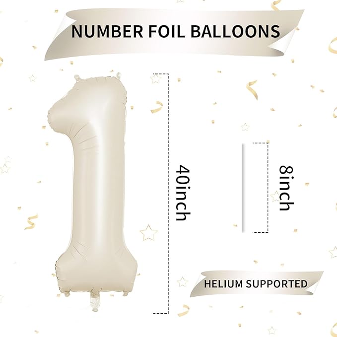 40 Inch Cream Number 1 Balloon, Beige Large 1st Birthday Balloons, Digital 1 Cream White Giant 1 Foil Balloon Helium for 1st Birthday Decorations First Year Boys Girls Baby Shower Party Supplies