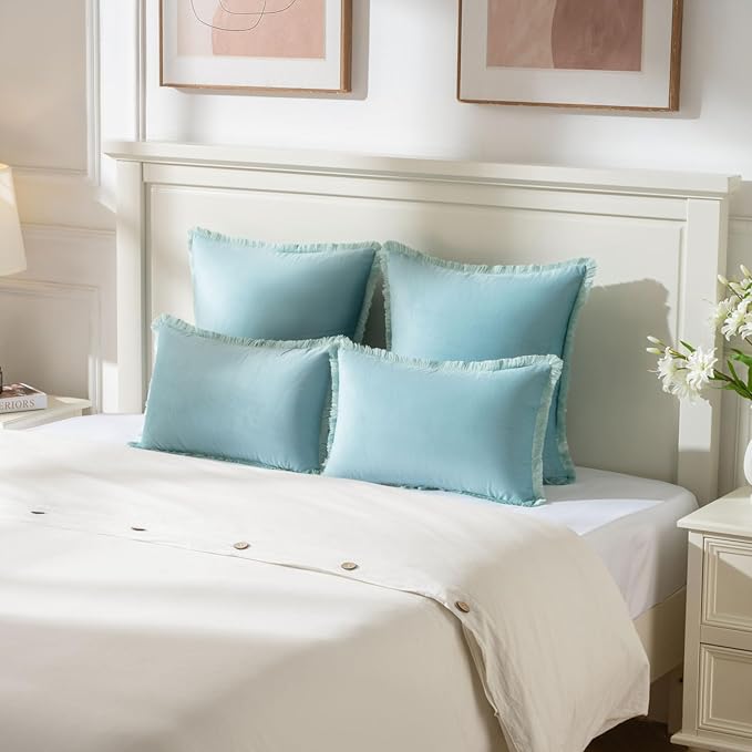 FUTEI Aqua Velvet Decorative Throw Pillow Covers 22x22 Set of 2,Soft Cozy Edge with Tassels Cushion Case,Boho Modern Home Decor for Couch Bed Living Room