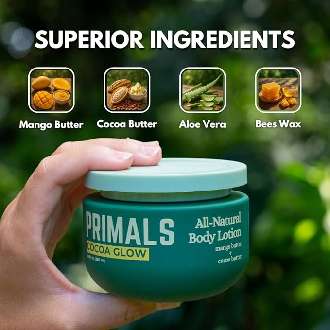 PRIMALS All Natural Body Lotion - Cocoa Butter & Mango Butter - 100% Naturally Derived Ingredients - Alcohol Free, Artificial Fragrance Free, Paraben Free, Petroleum Derivative Free - 8.45 oz