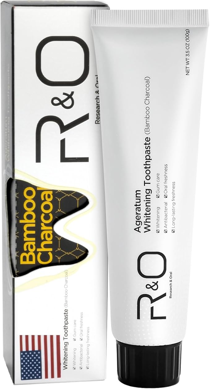 R&O Ageratum Whitening Toothpaste with Bamboo Charcoal, 3.53 oz - Great for Teeth Whitening, Removes Stubborn Stains, Long - Lasting Fresh Breath, Reduces Plaque, Promotes Oral Health