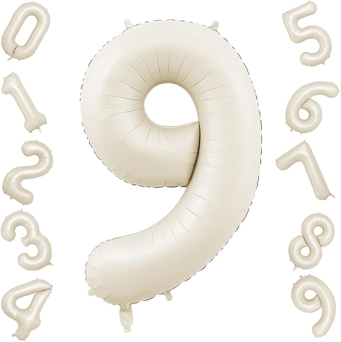 40 Inch Cream Number 9 Balloon, Beige Large 9th Birthday Balloons, Digital 9 Cream White Giant 9 Foil Balloon Helium for Boys Girls 9th Birthday Decorations Anniversary Baby Shower Party Decoration
