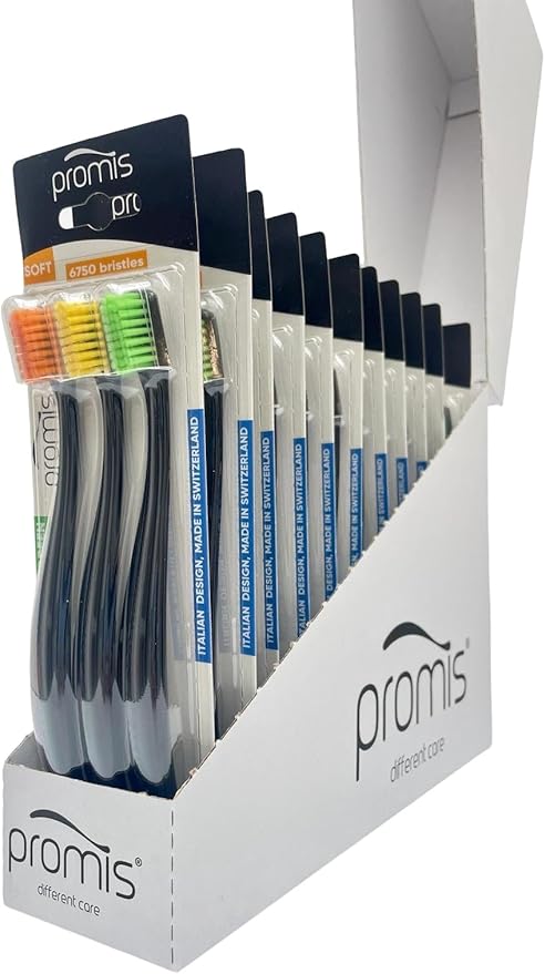 PROMIS Toothbrush 3-Pack Refill | Ecofriendly Soft Toothbrush | Renewable Bioplastic | 6750 Soft Bristles | Swiss Made Italian Design (Black)