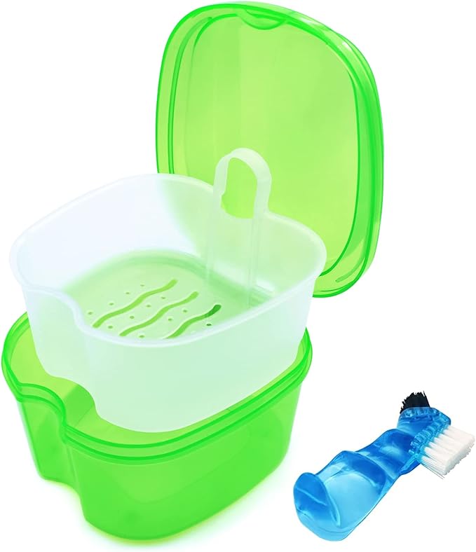 Keedolla Denture Cups for Soaking Dentures, Denture Cleaning Case Retainer Container Mouth Guard Bath Box Holder Case with Brush for Night Guard, Gum Shields and Dental Appliances