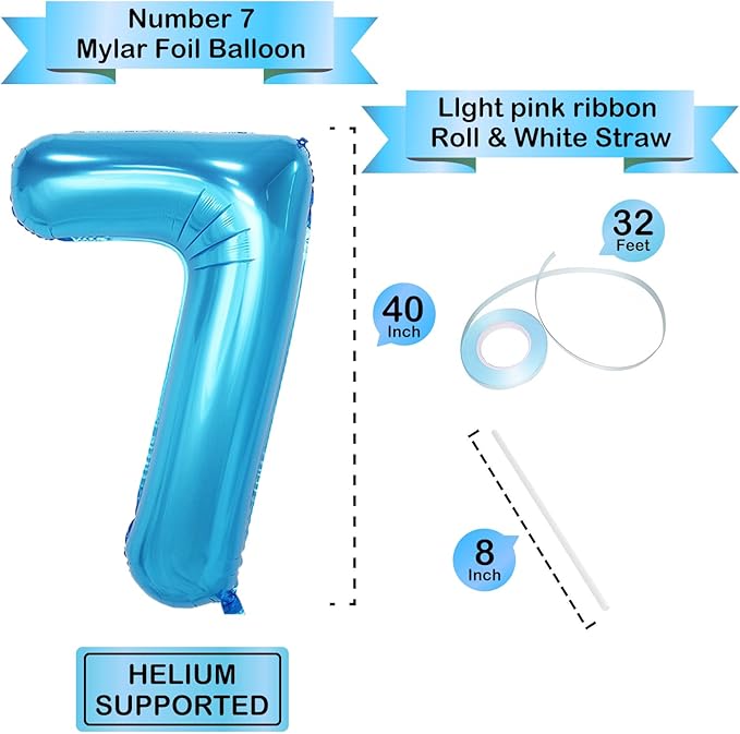 40 Inch Blue Number Balloons, Helium Mylar Foil Number Balloons for Birthdays, Number 7 Balloon for Party Wedding Birthday Bridal Shower Graduation Anniversary Celebration Party Decorations Supplies